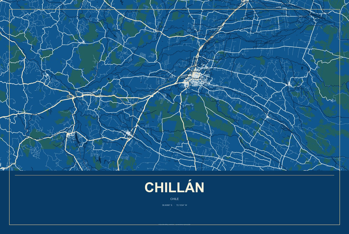 Chillán, Chile City Map Aluminum Sign in Harbor Cobalt style