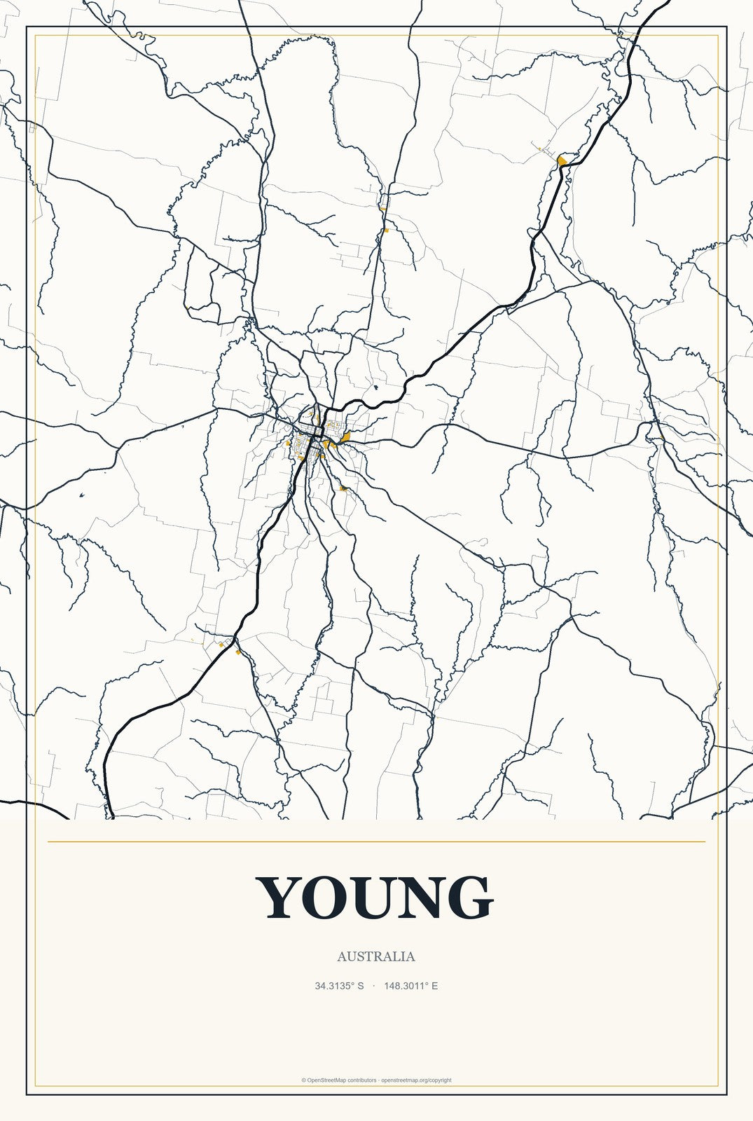 Young, Australia City Map Aluminum Sign in Citrine Modern style