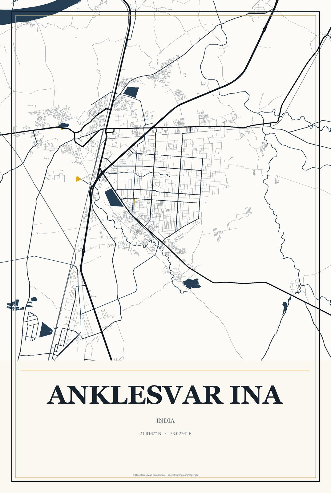 Anklesvar INA, India City Map Aluminum Sign in Citrine Modern style