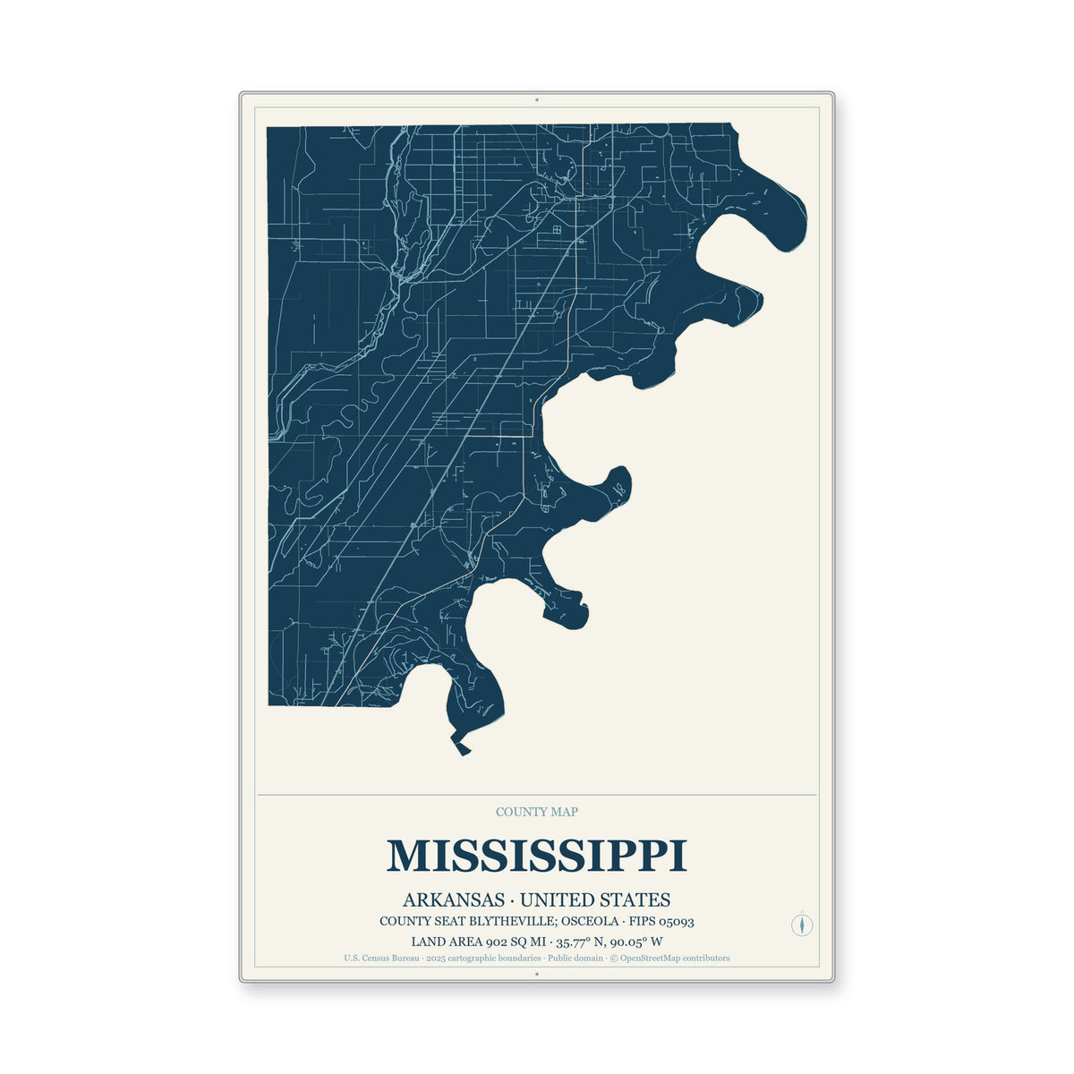 Mississippi County, Arkansas Map Aluminum Sign in Coastal Cutout style