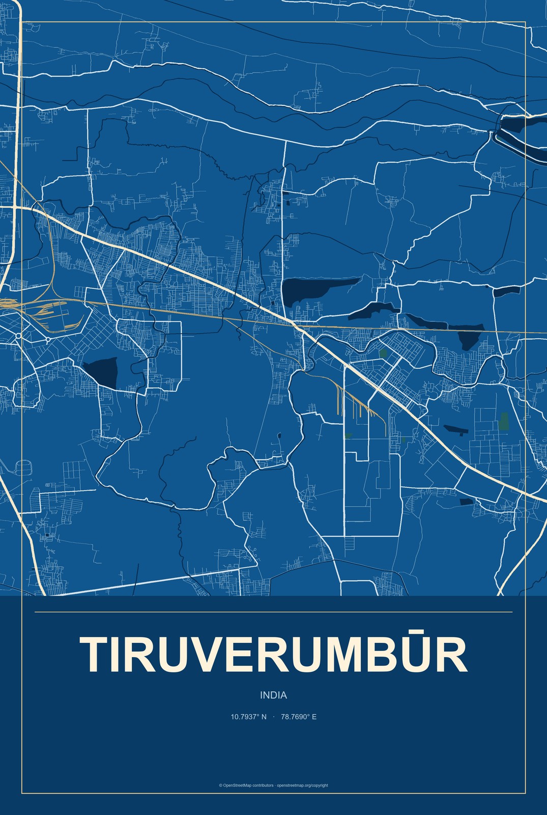 Tiruverumbūr, India City Map Aluminum Sign in Harbor Cobalt style