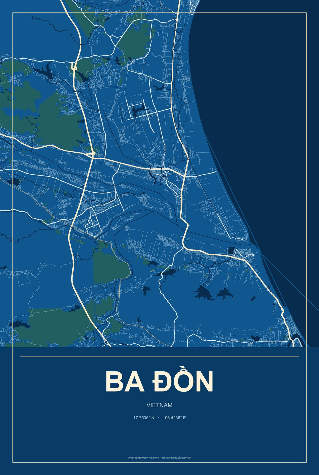Ba Đồn, Vietnam City Map Aluminum Sign in Harbor Cobalt style
