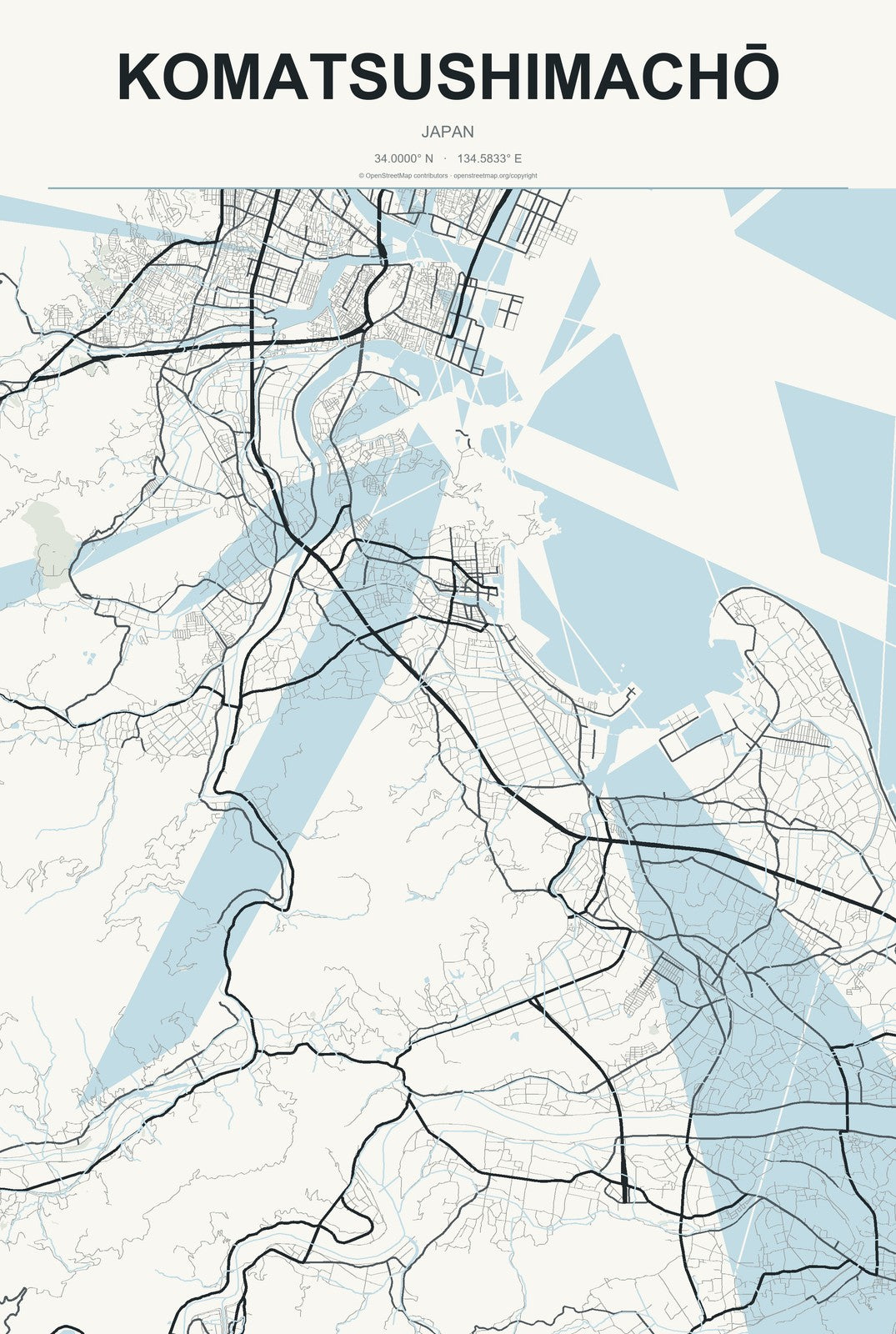 Komatsushimachō, Japan City Map Aluminum Sign in Headline Atlas style