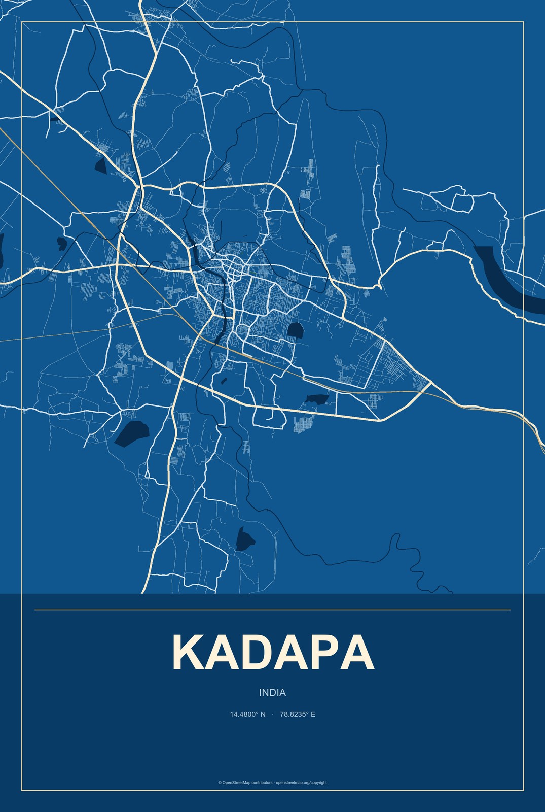 Kadapa, India City Map Aluminum Sign in Harbor Cobalt style
