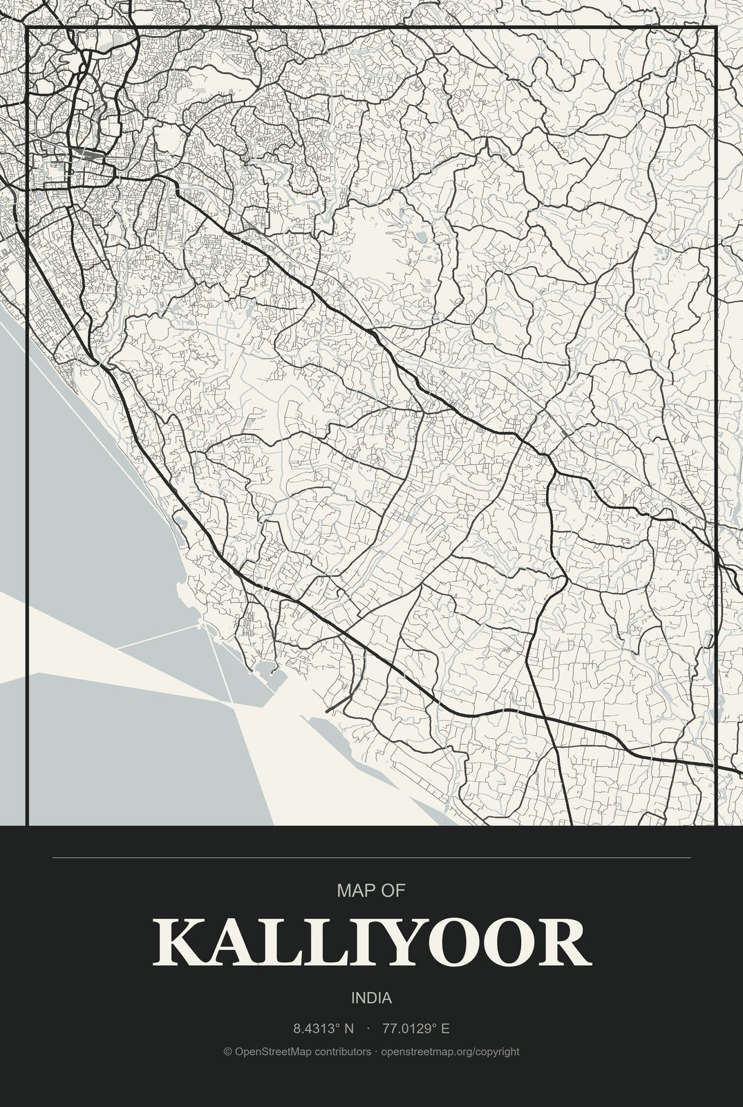 Kalliyoor, India City Map Aluminum Sign in Museum Plaque style