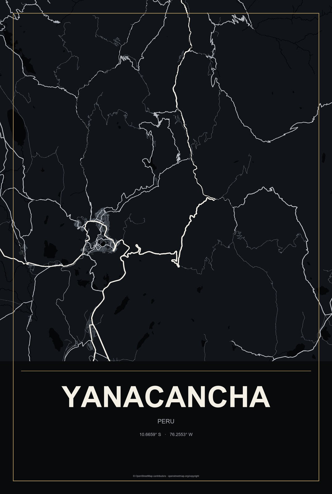 Yanacancha, Pasco, Peru City Map Aluminum Sign in Metropolitan Noir style
