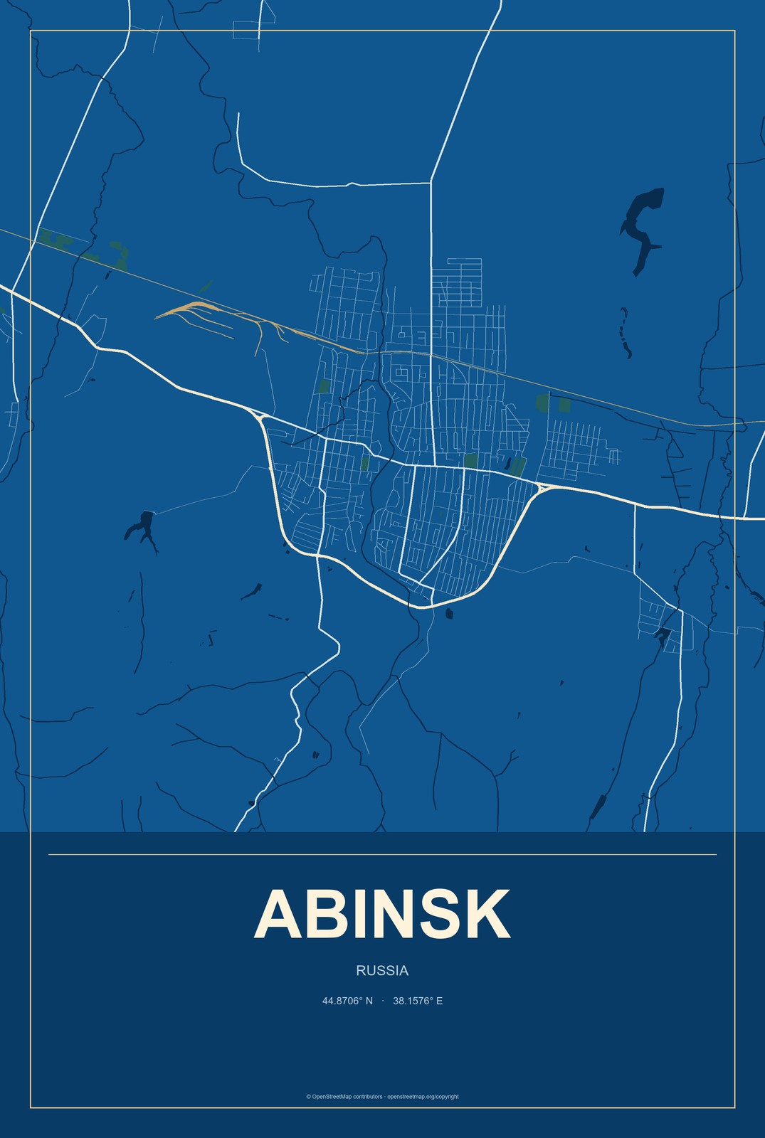Abinsk, Russia City Map Aluminum Sign in Harbor Cobalt style