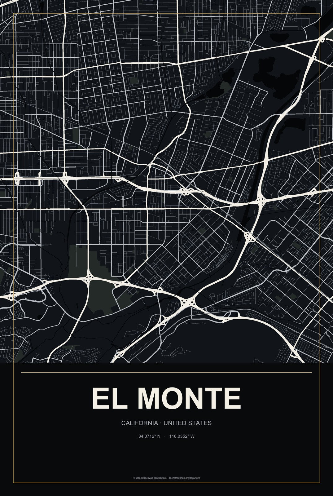 El Monte, California City Map Aluminum Sign in Metropolitan Noir style