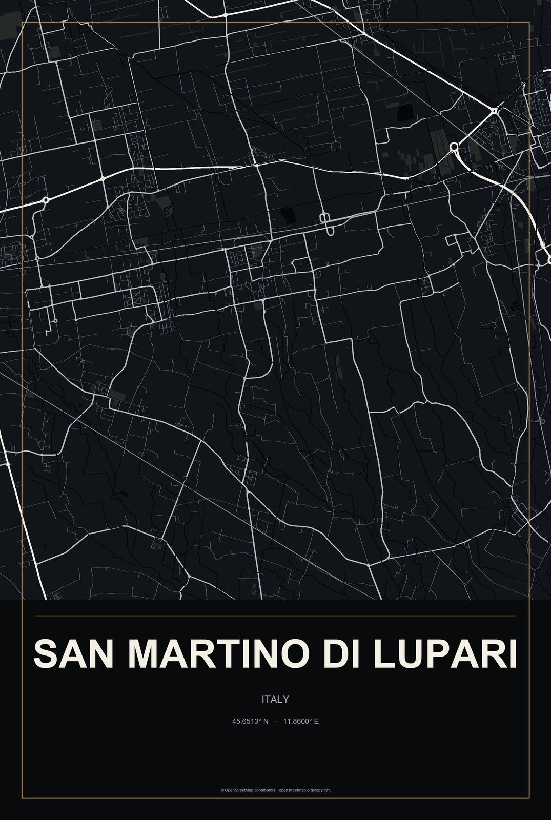 San Martino di Lupari, Italy City Map Aluminum Sign in Metropolitan Noir style