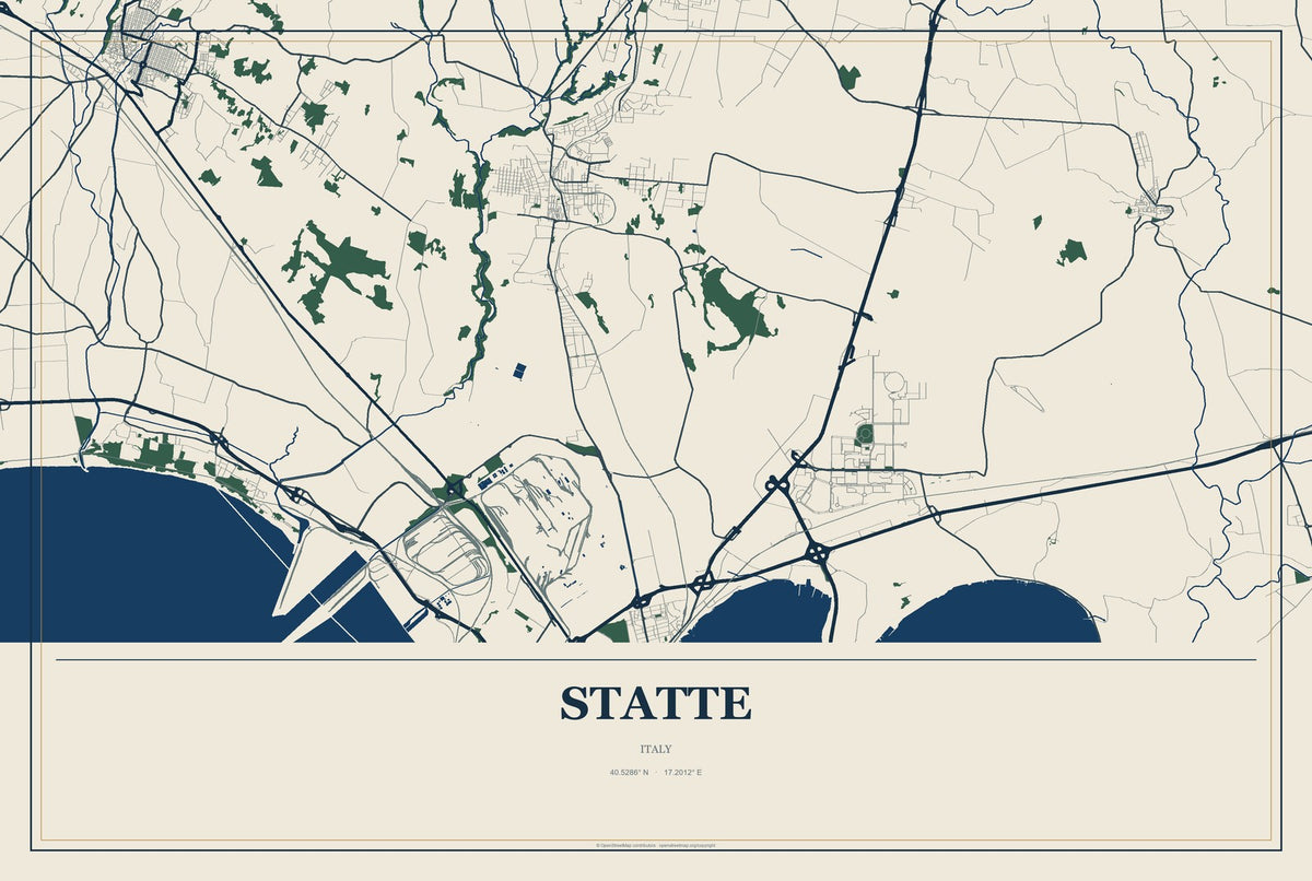 Statte, Italy City Map Aluminum Sign in Coastal Cutout style