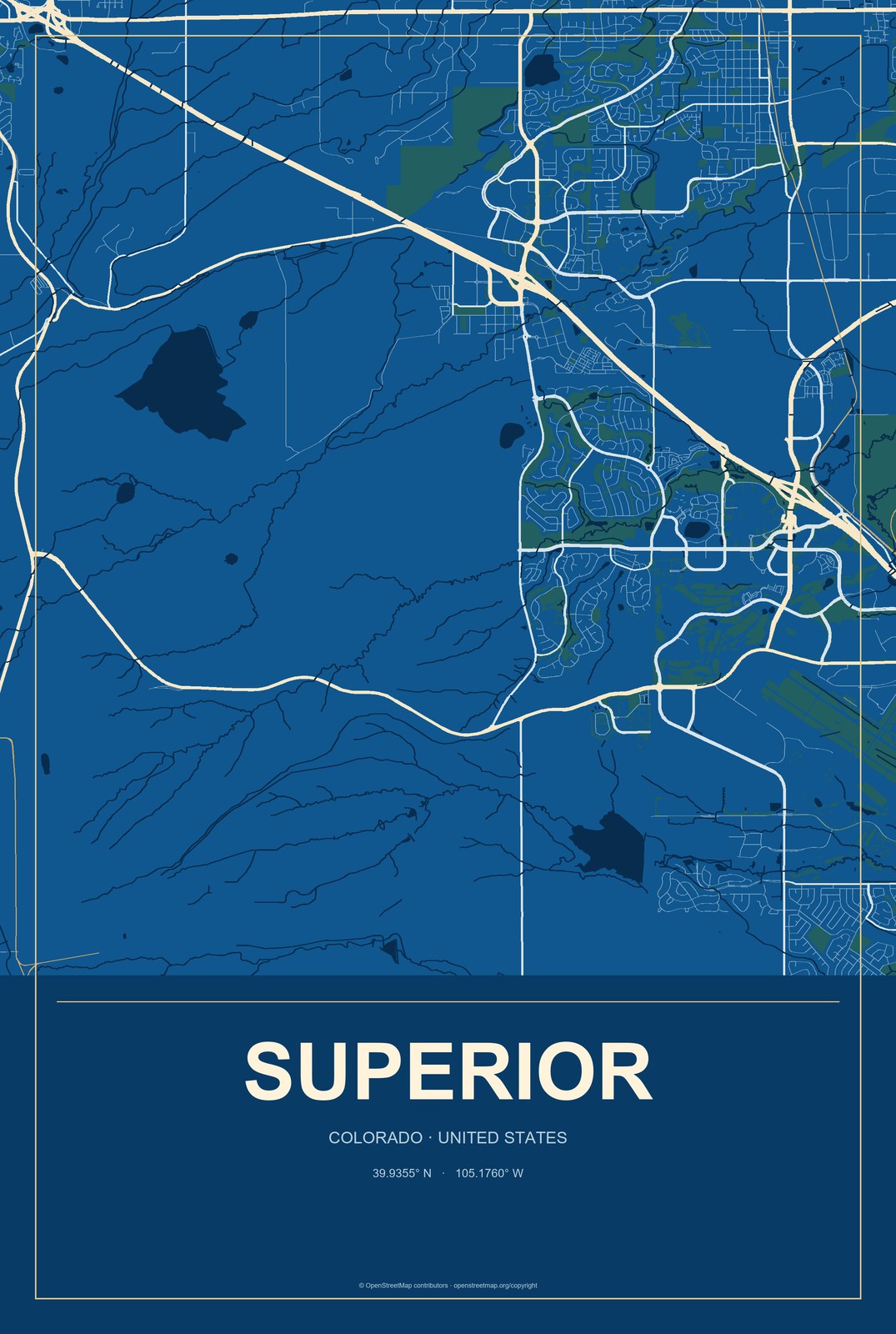 Superior, Colorado City Map Aluminum Sign in Harbor Cobalt style