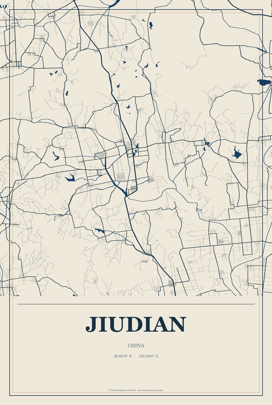 Jiudian, China City Map Aluminum Sign in Coastal Cutout style