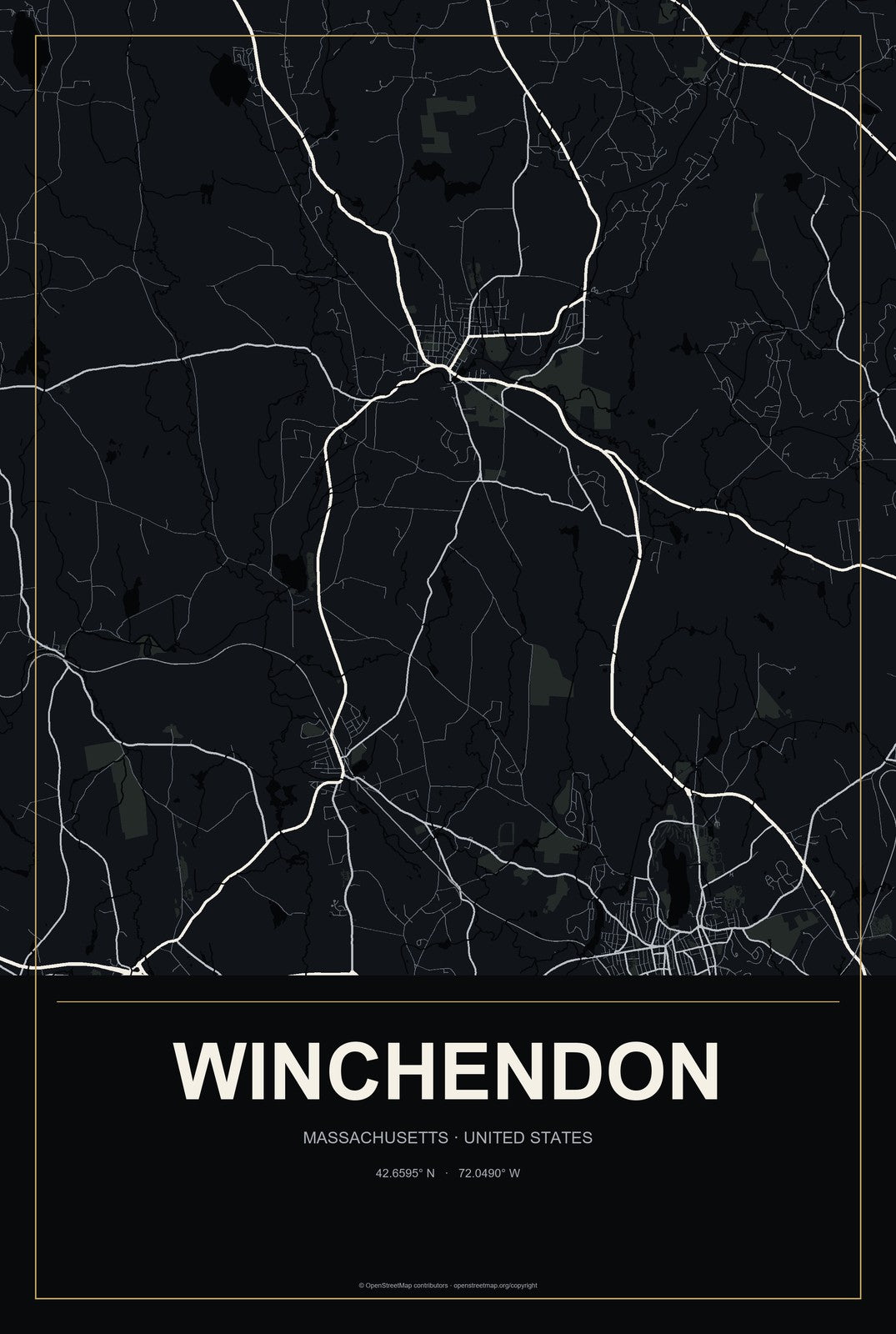 Winchendon, Massachusetts City Map Aluminum Sign in Metropolitan Noir style