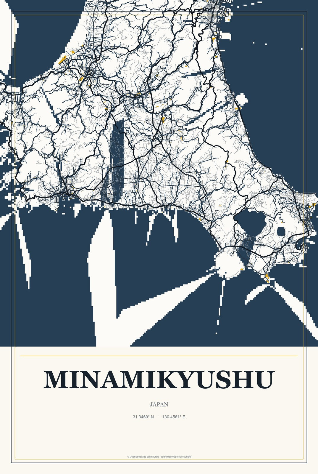 Minamikyushu, Japan City Map Aluminum Sign in Citrine Modern style