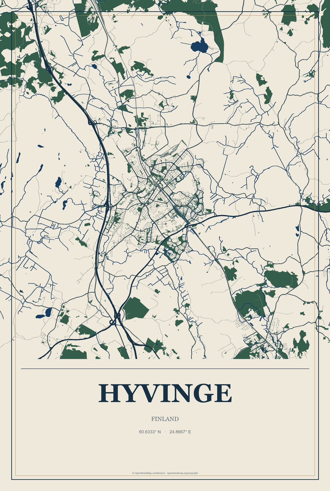 Hyvinge, Finland City Map Aluminum Sign in Coastal Cutout style