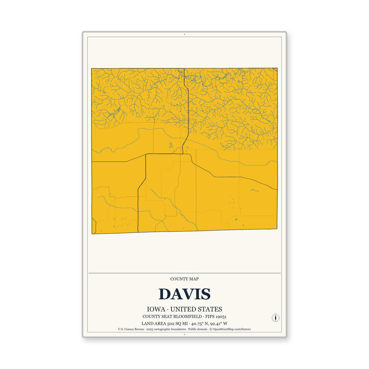 Davis County, Iowa Map Aluminum Sign in Citrine Modern style