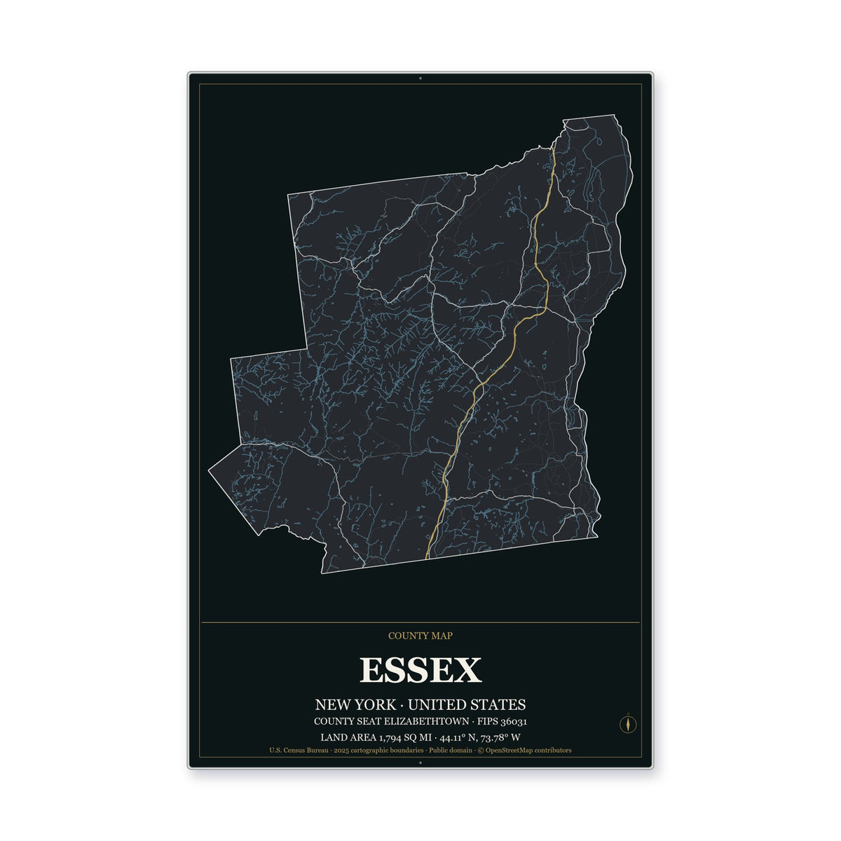Essex County, New York Map Aluminum Sign in Metropolitan Noir style