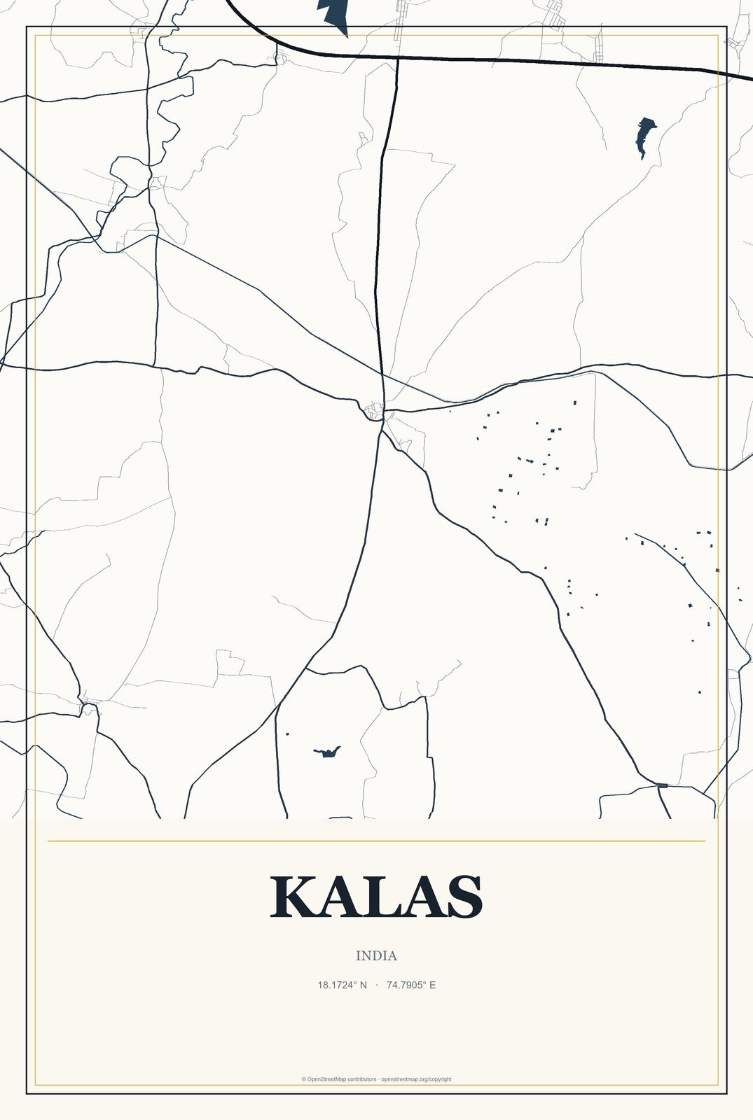Kalas, India City Map Aluminum Sign in Citrine Modern style