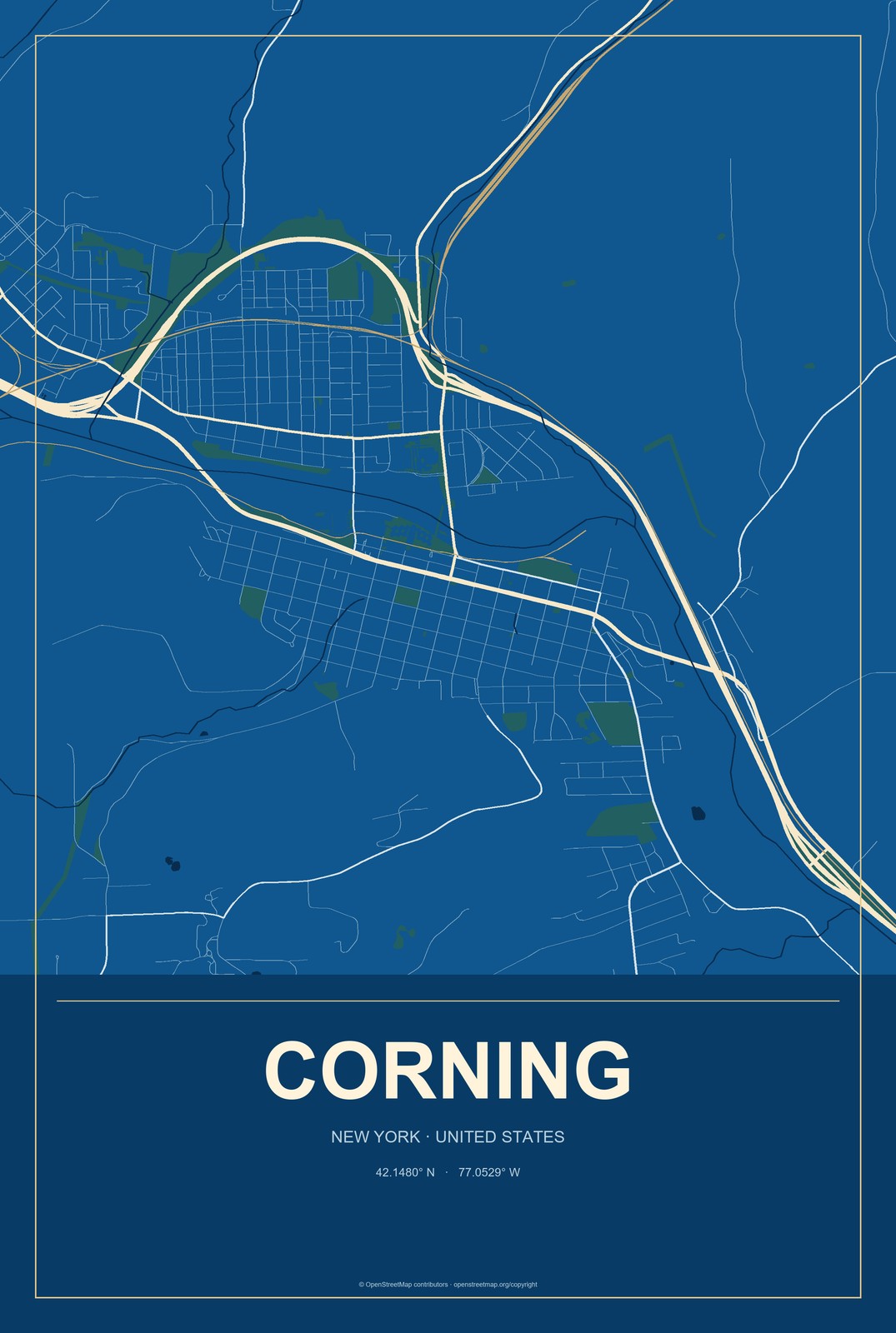 Corning, New York City Map Aluminum Sign in Harbor Cobalt style