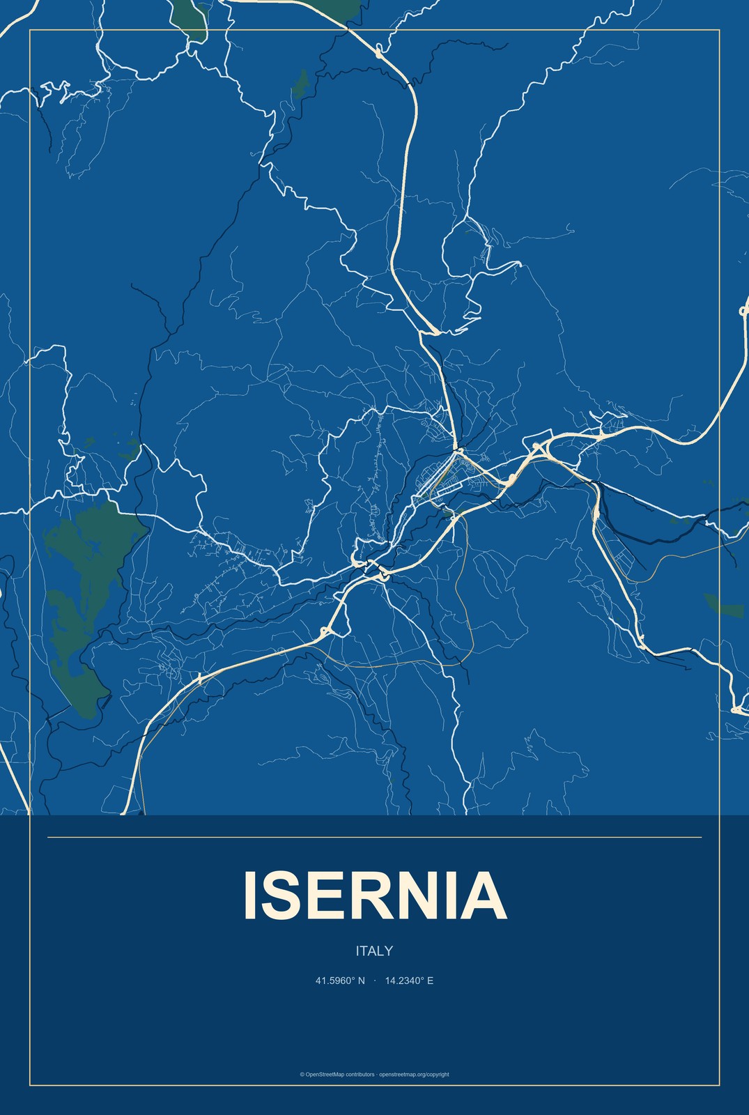Isernia, Italy City Map Aluminum Sign in Harbor Cobalt style