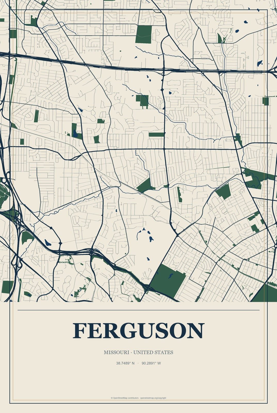 Ferguson, Missouri City Map Aluminum Sign in Coastal Cutout style