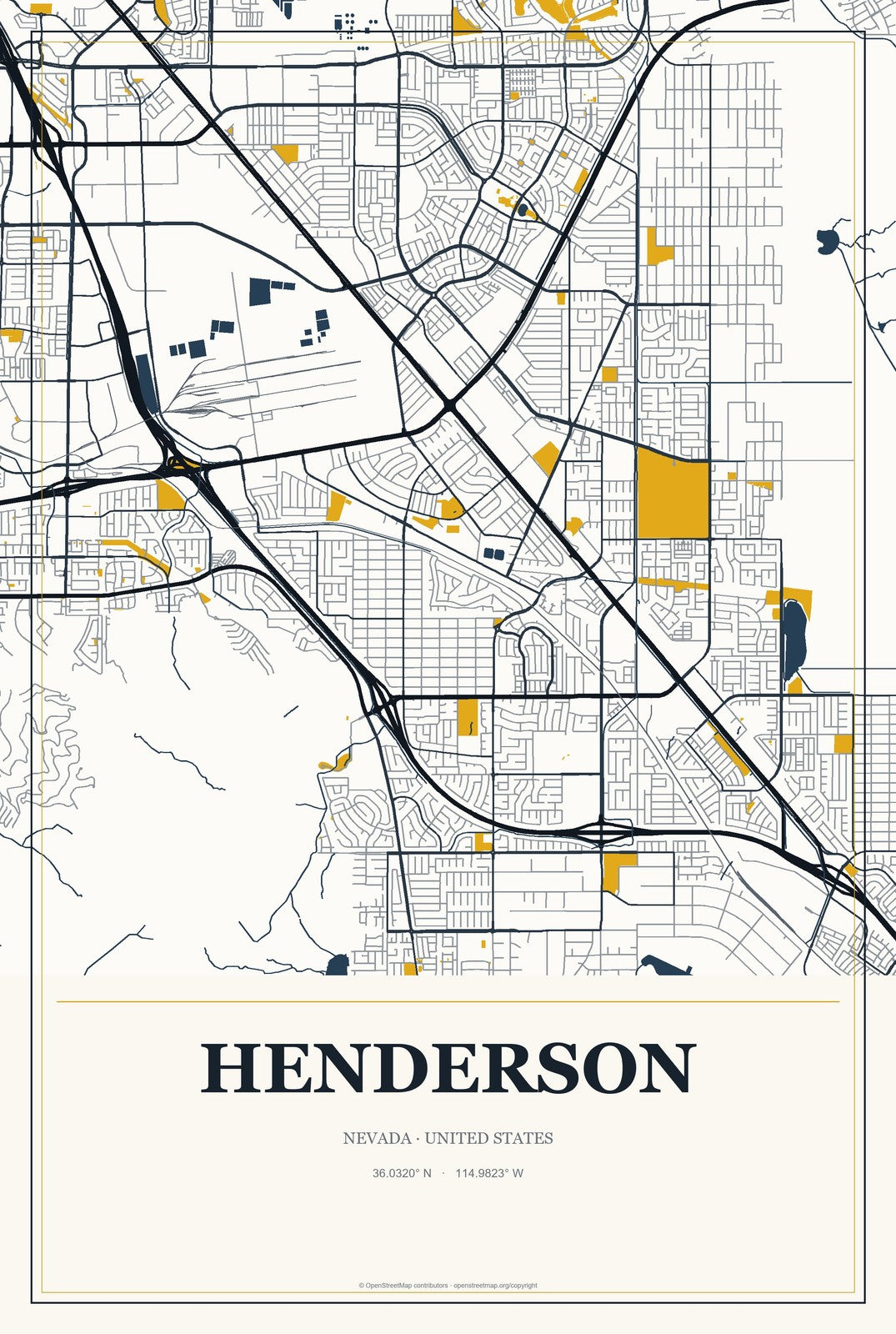 Henderson, Nevada City Map Aluminum Sign in Citrine Modern style