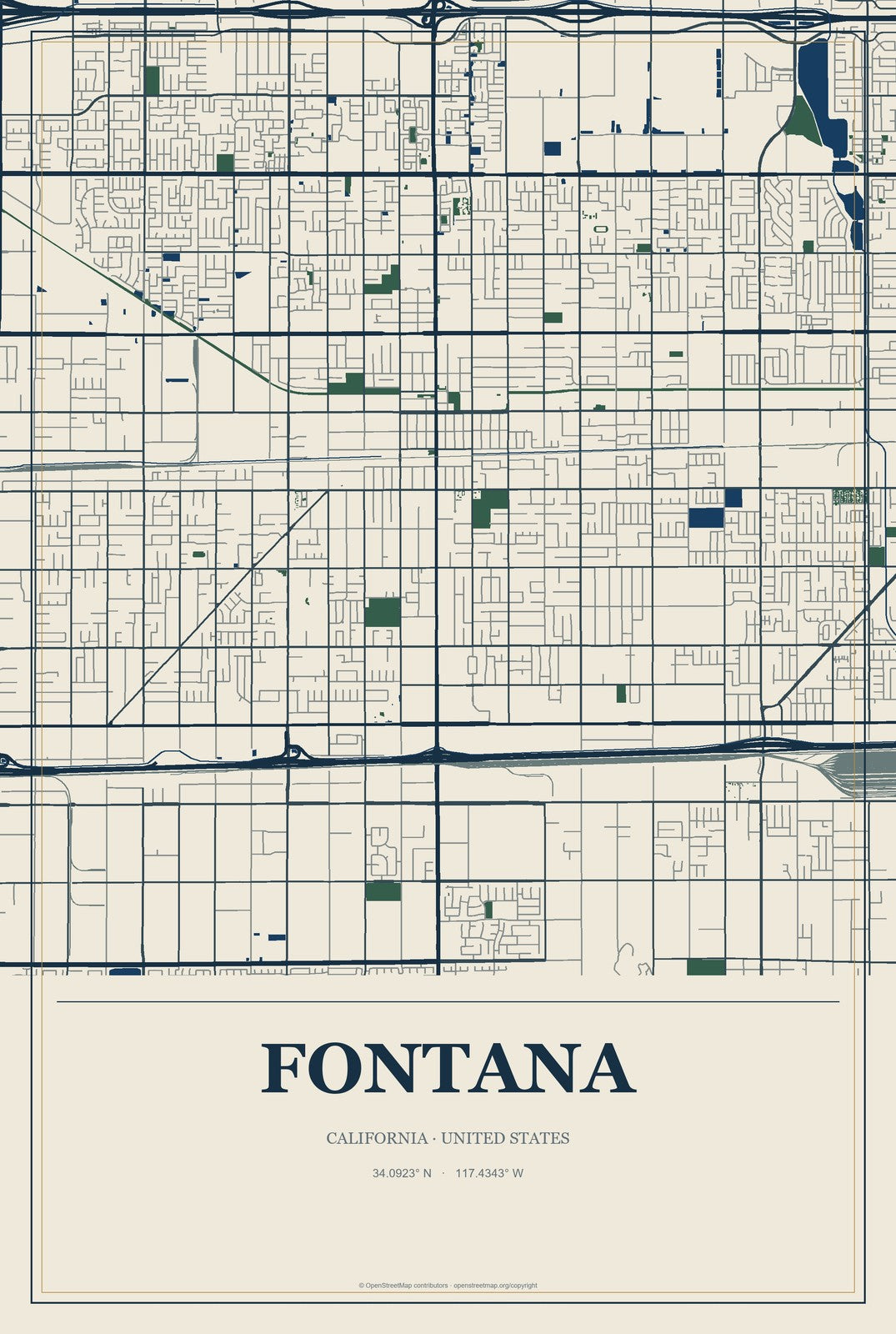 Fontana, California City Map Aluminum Sign in Coastal Cutout style