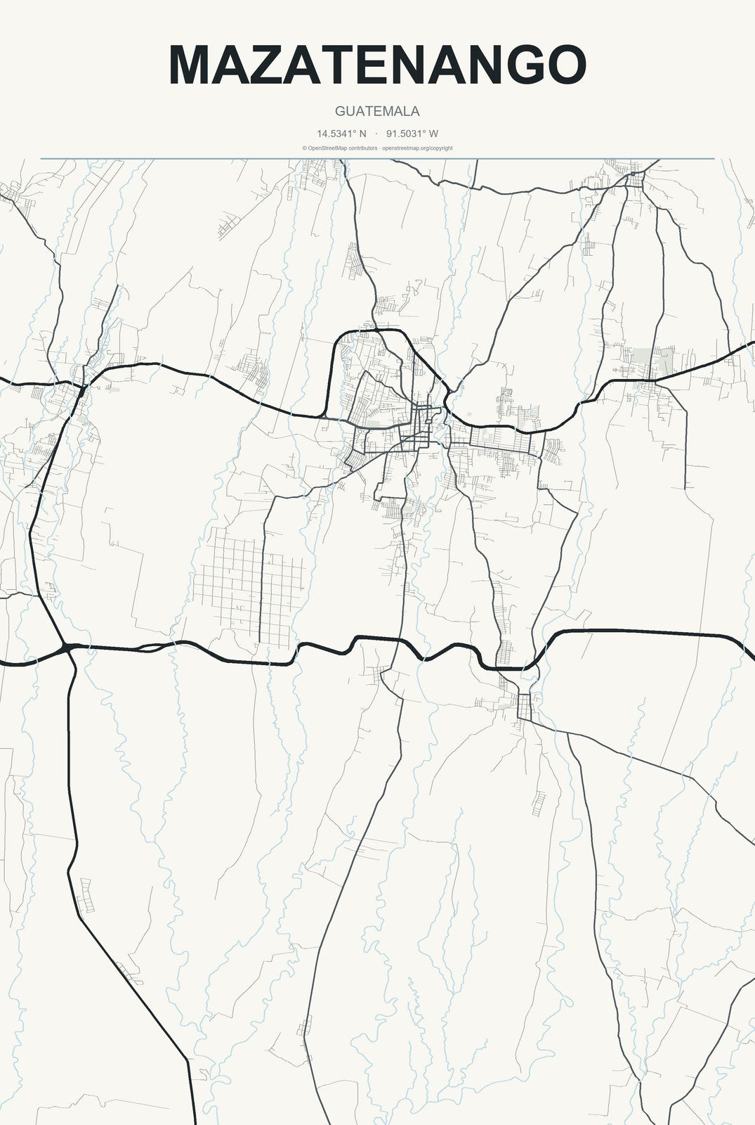 Mazatenango, Guatemala City Map Aluminum Sign in Headline Atlas style