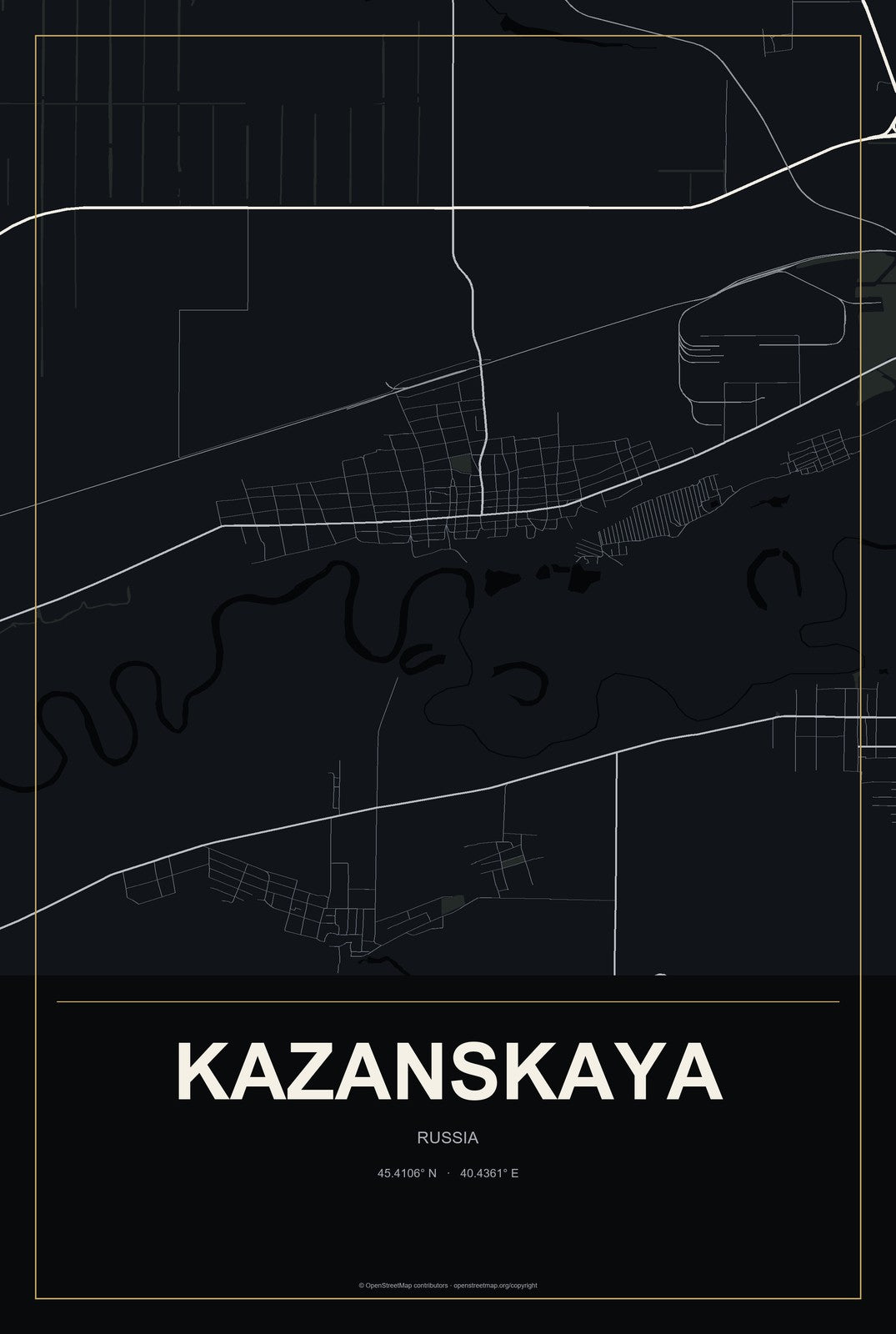 Kazanskaya, Russia City Map Aluminum Sign in Metropolitan Noir style