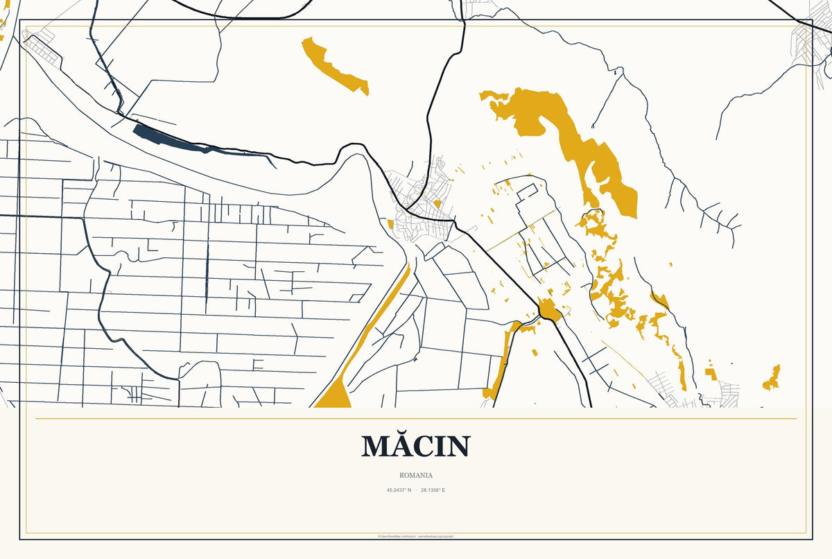 Măcin, Romania City Map Aluminum Sign in Citrine Modern style