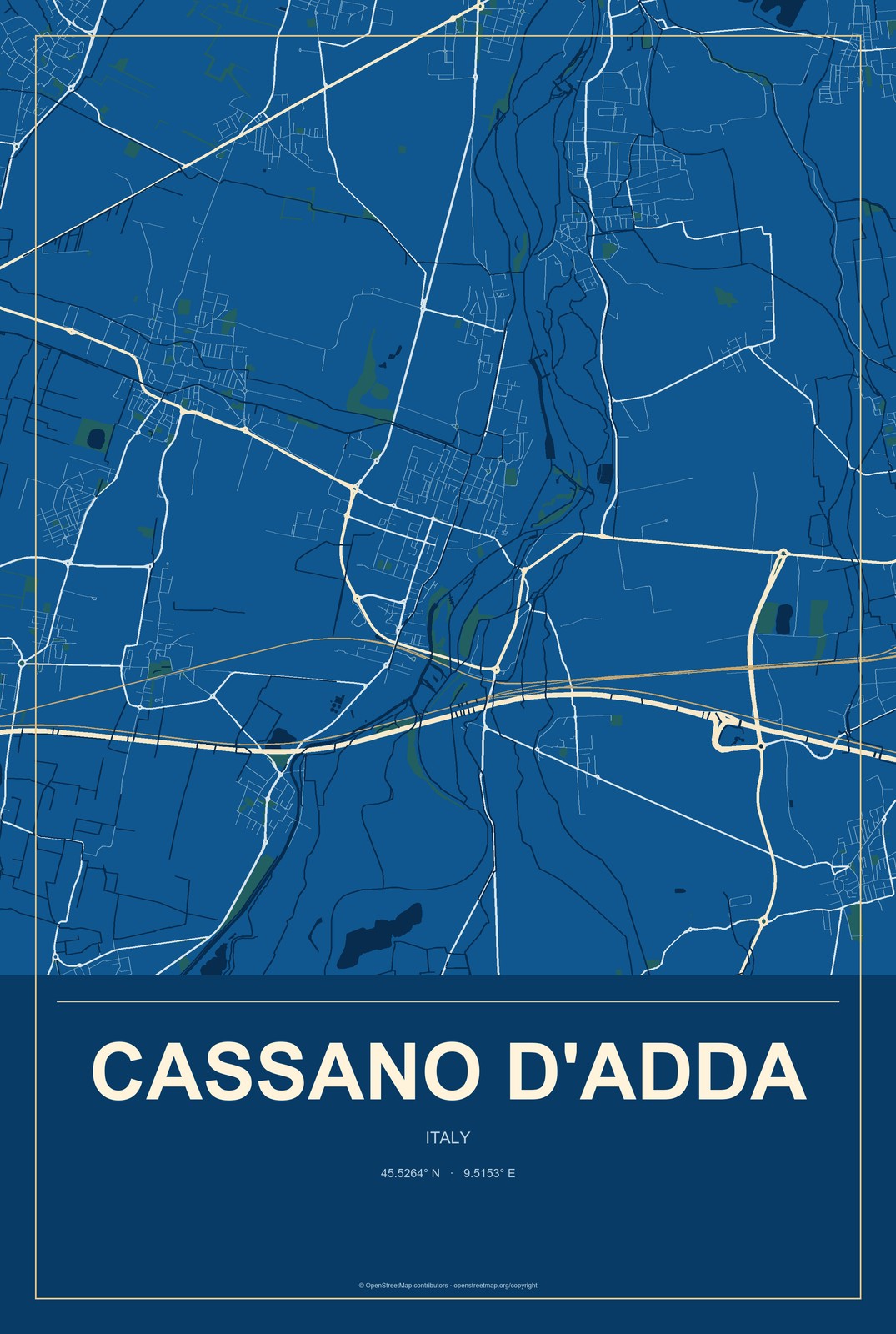 Cassano d'Adda, Italy City Map Aluminum Sign in Harbor Cobalt style