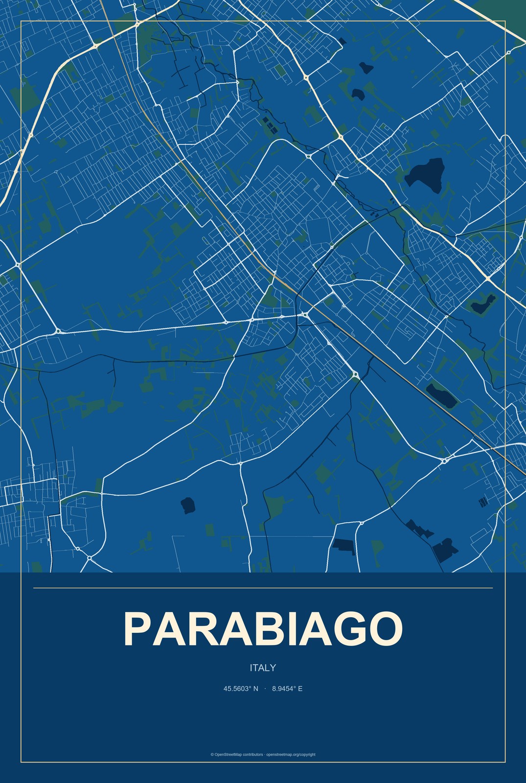 Parabiago, Italy City Map Aluminum Sign in Harbor Cobalt style