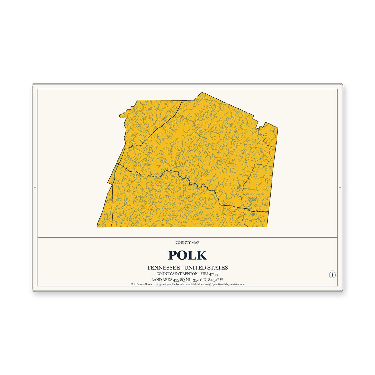 Polk County, Tennessee Map Aluminum Sign in Citrine Modern style