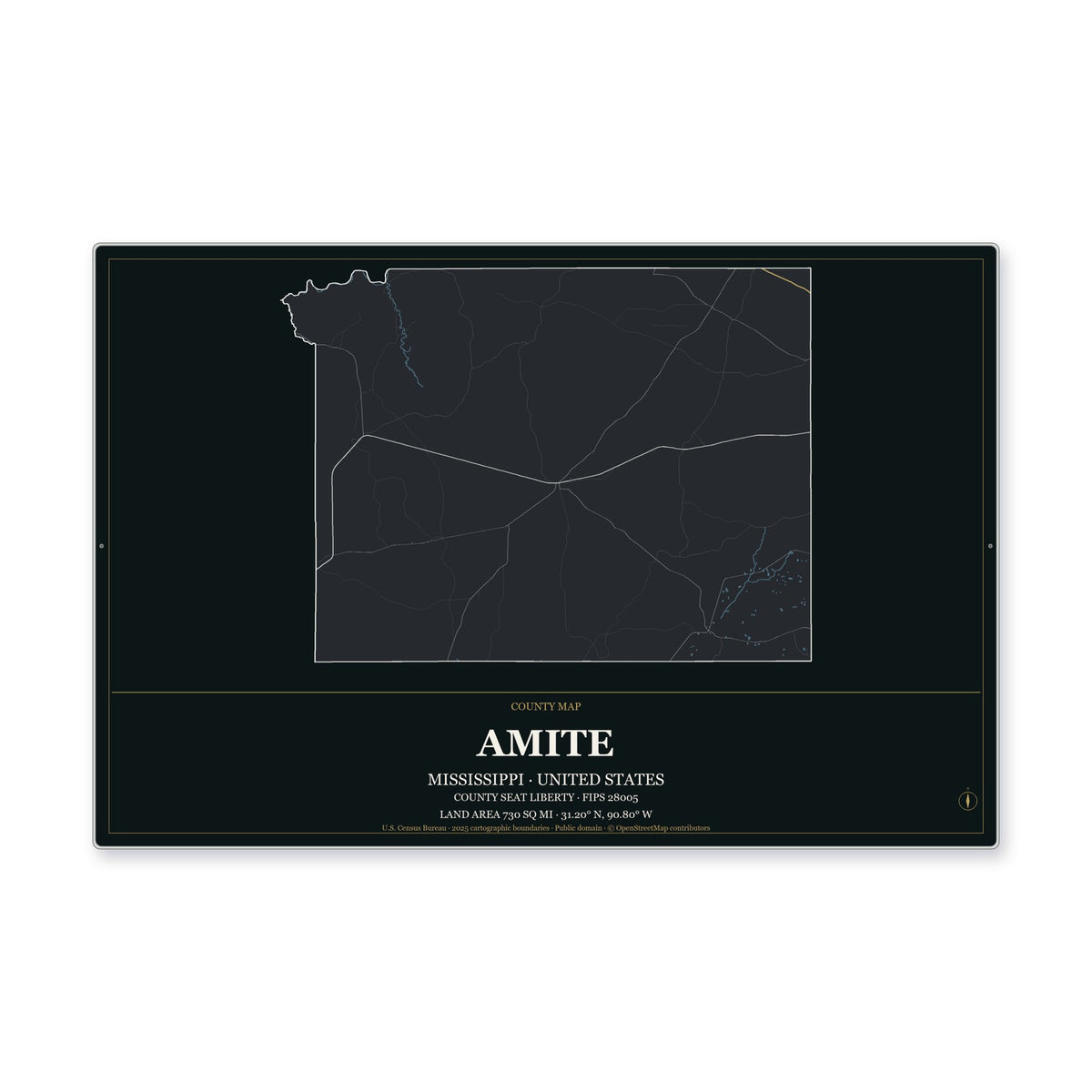 Amite County, Mississippi Map Aluminum Sign in Metropolitan Noir style