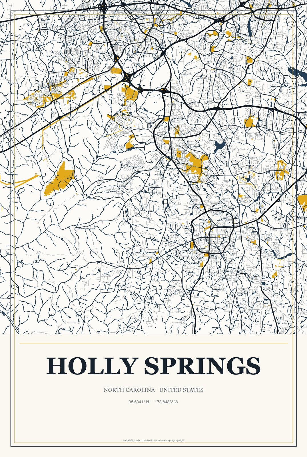 Holly Springs, North Carolina City Map Aluminum Sign in Citrine Modern style
