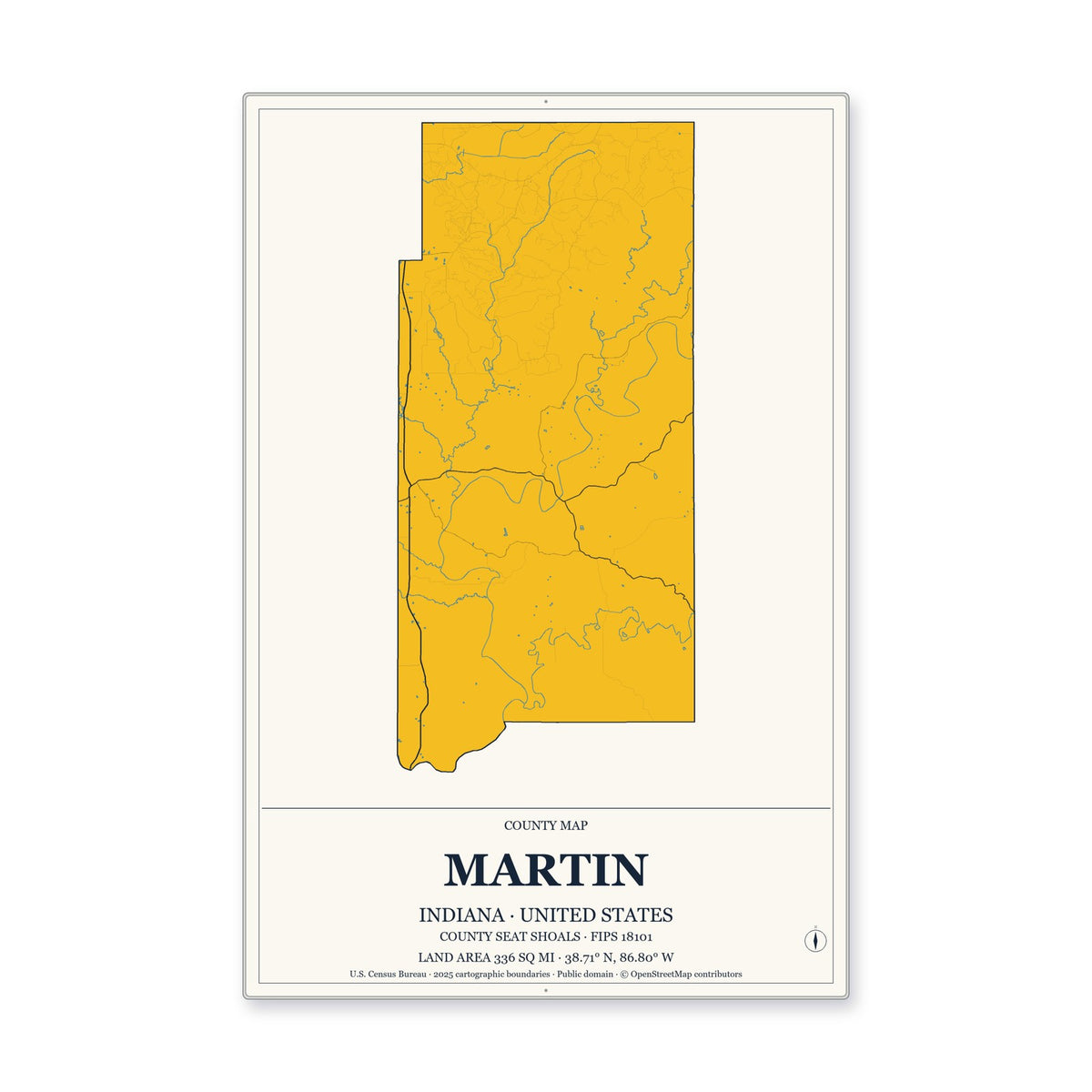 Martin County, Indiana Map Aluminum Sign in Citrine Modern style