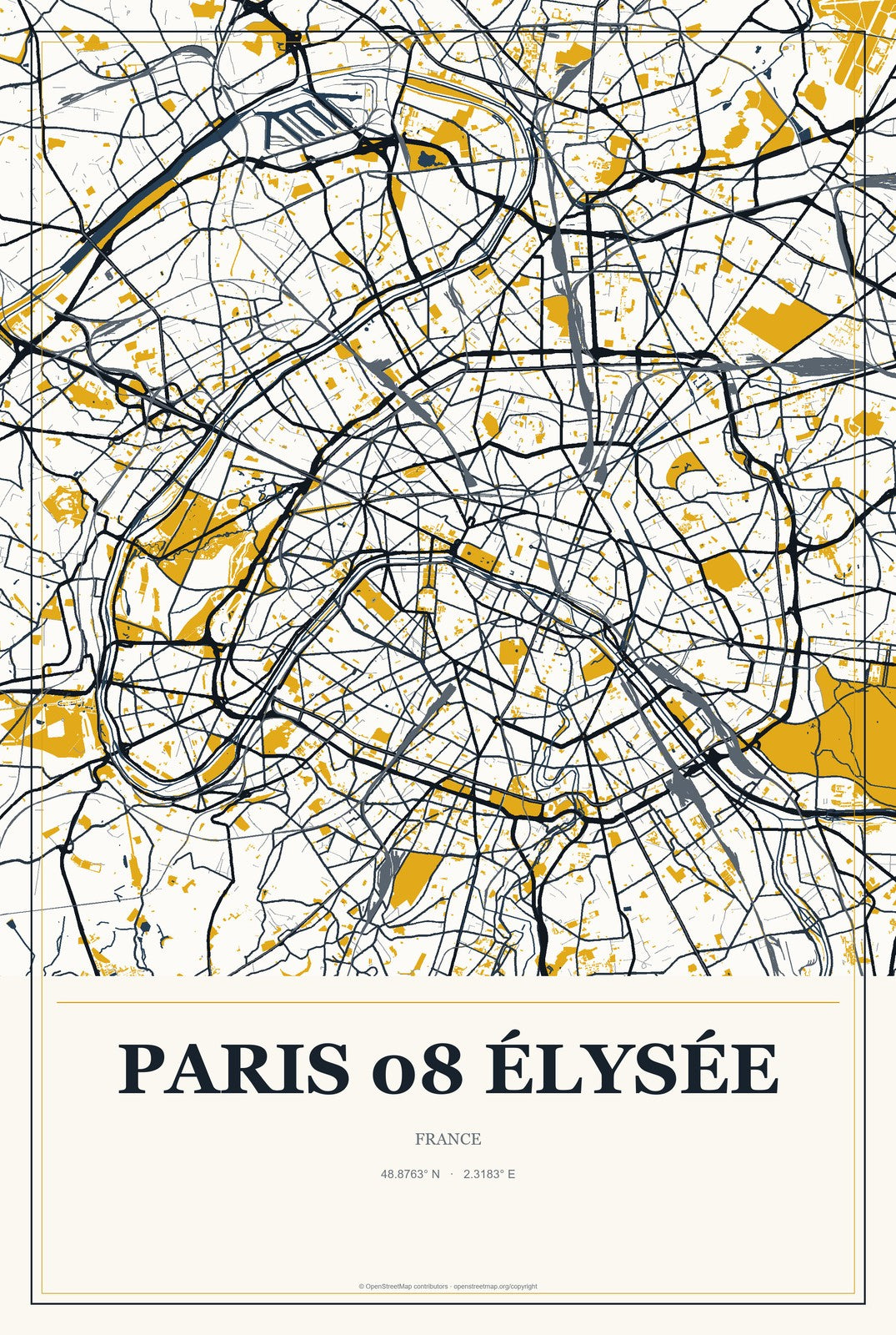 Paris 08 Élysée, France City Map Aluminum Sign in Citrine Modern style