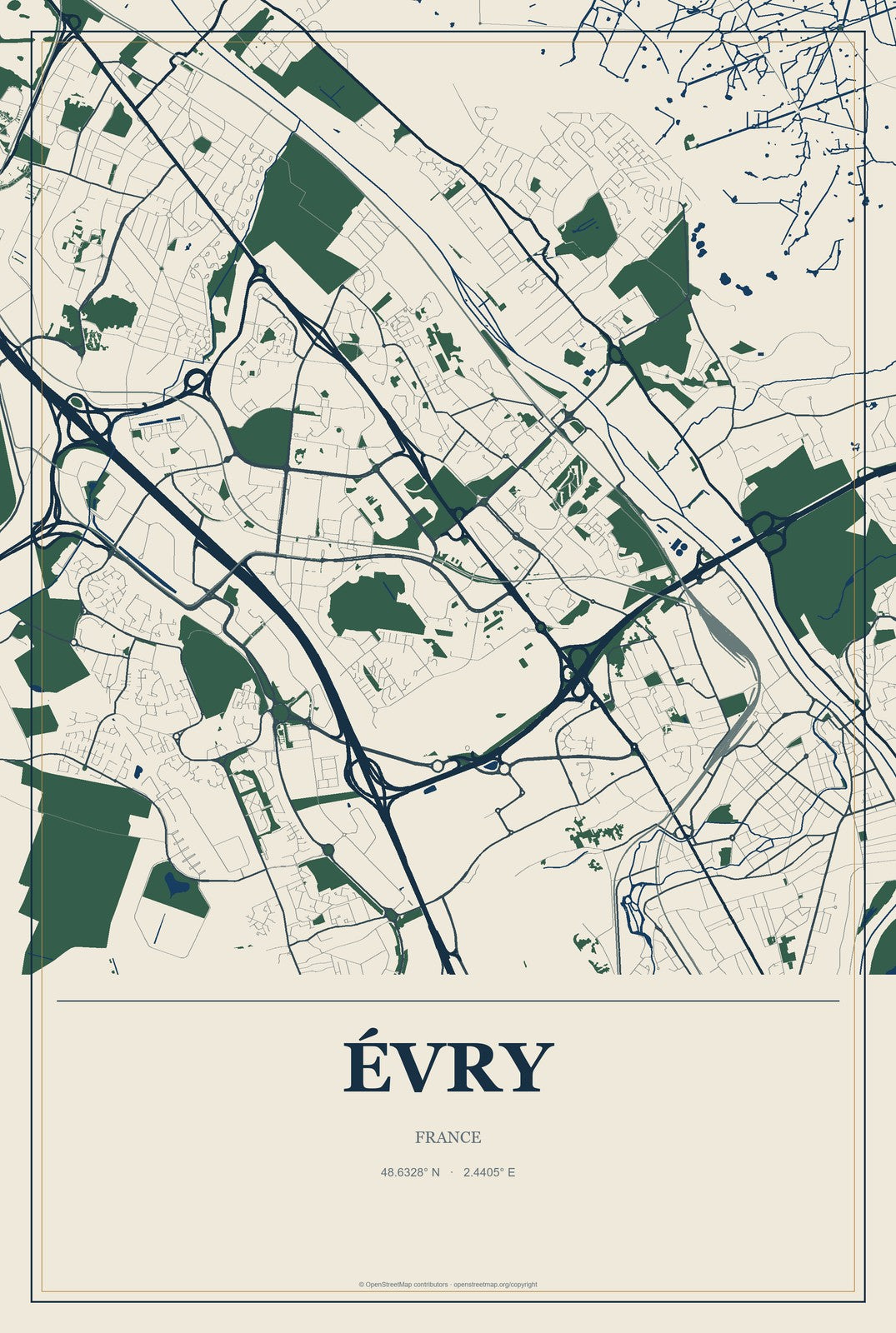 Évry, France City Map Aluminum Sign in Coastal Cutout style