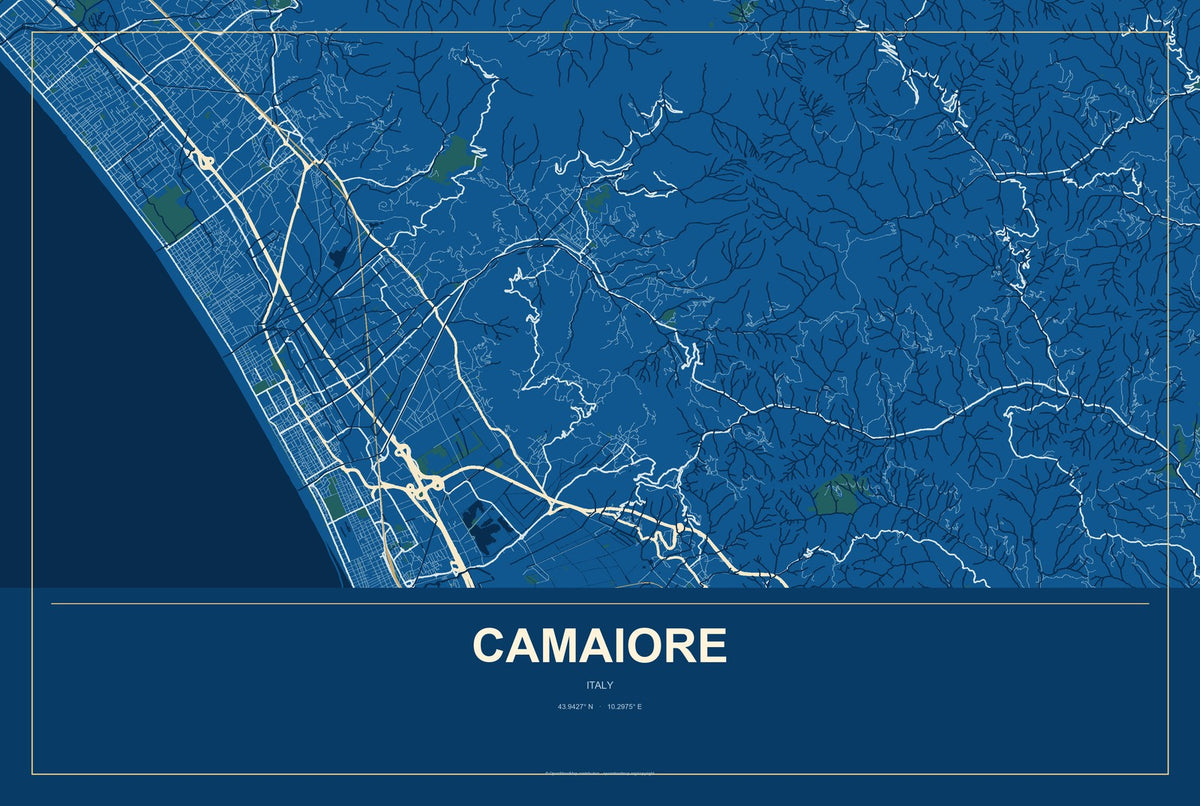 Camaiore, Italy City Map Aluminum Sign in Harbor Cobalt style