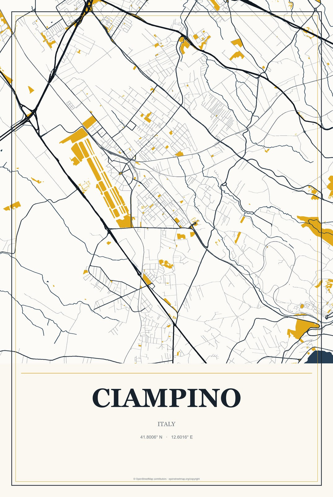 Ciampino, Italy City Map Aluminum Sign in Citrine Modern style