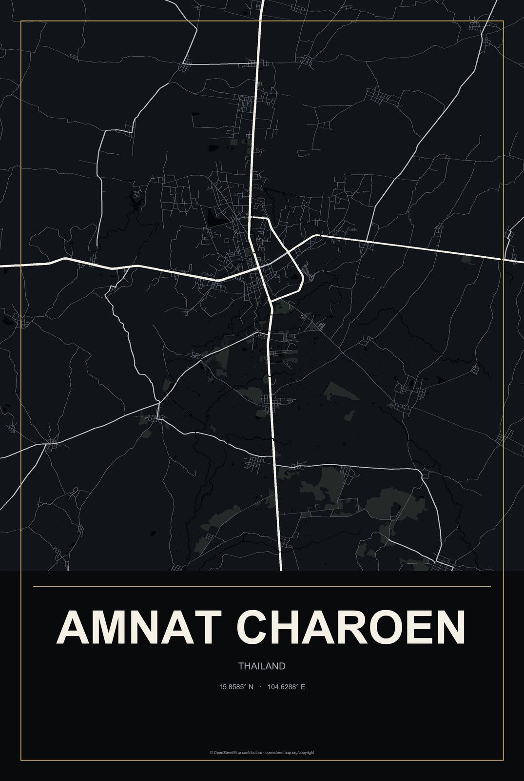 Amnat Charoen, Thailand City Map Aluminum Sign in Metropolitan Noir style