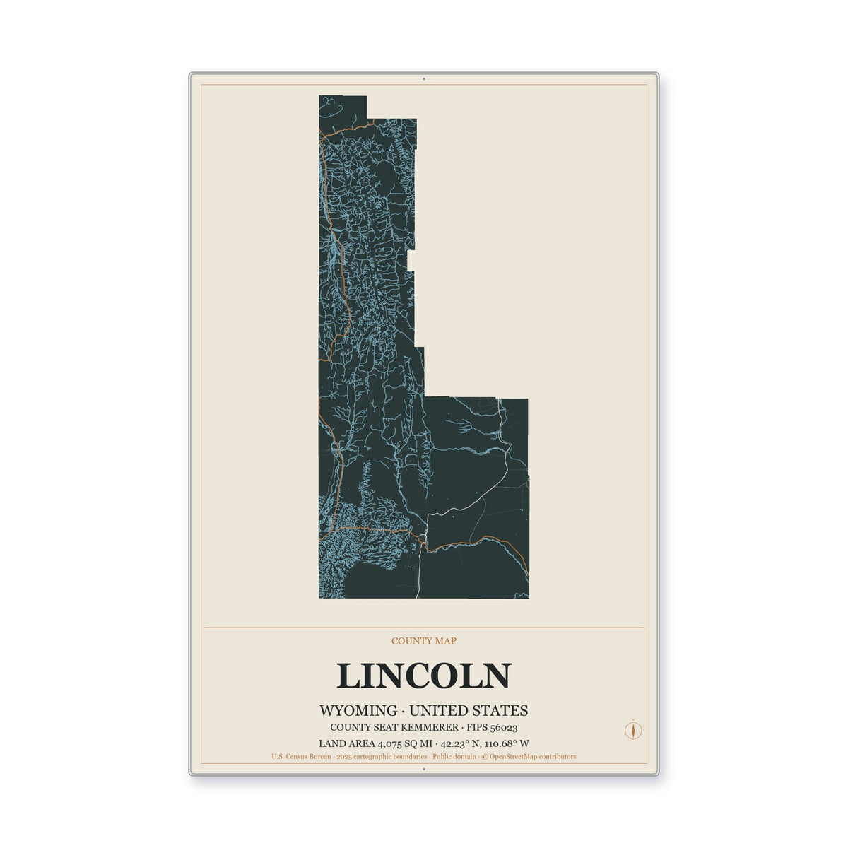 Lincoln County, Wyoming Map Aluminum Sign in Headline Atlas style