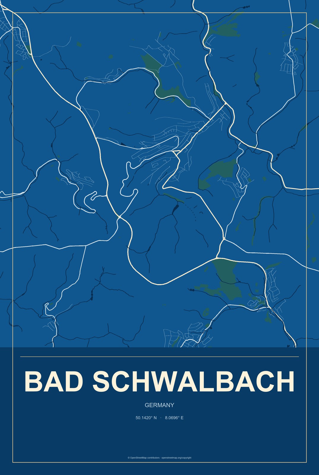 Bad Schwalbach, Germany City Map Aluminum Sign in Harbor Cobalt style