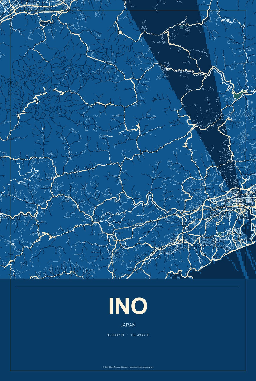 Ino, Japan City Map Aluminum Sign in Harbor Cobalt style