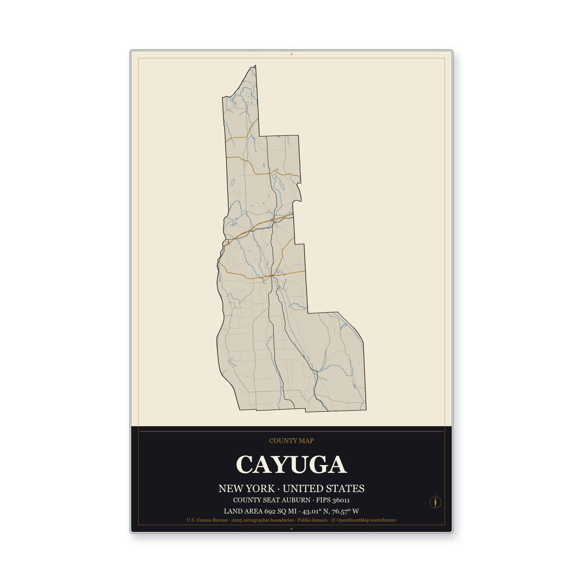 Cayuga County, New York Map Aluminum Sign in Museum Plaque style