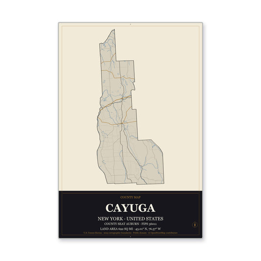 Cayuga County, New York Map Aluminum Sign in Museum Plaque style
