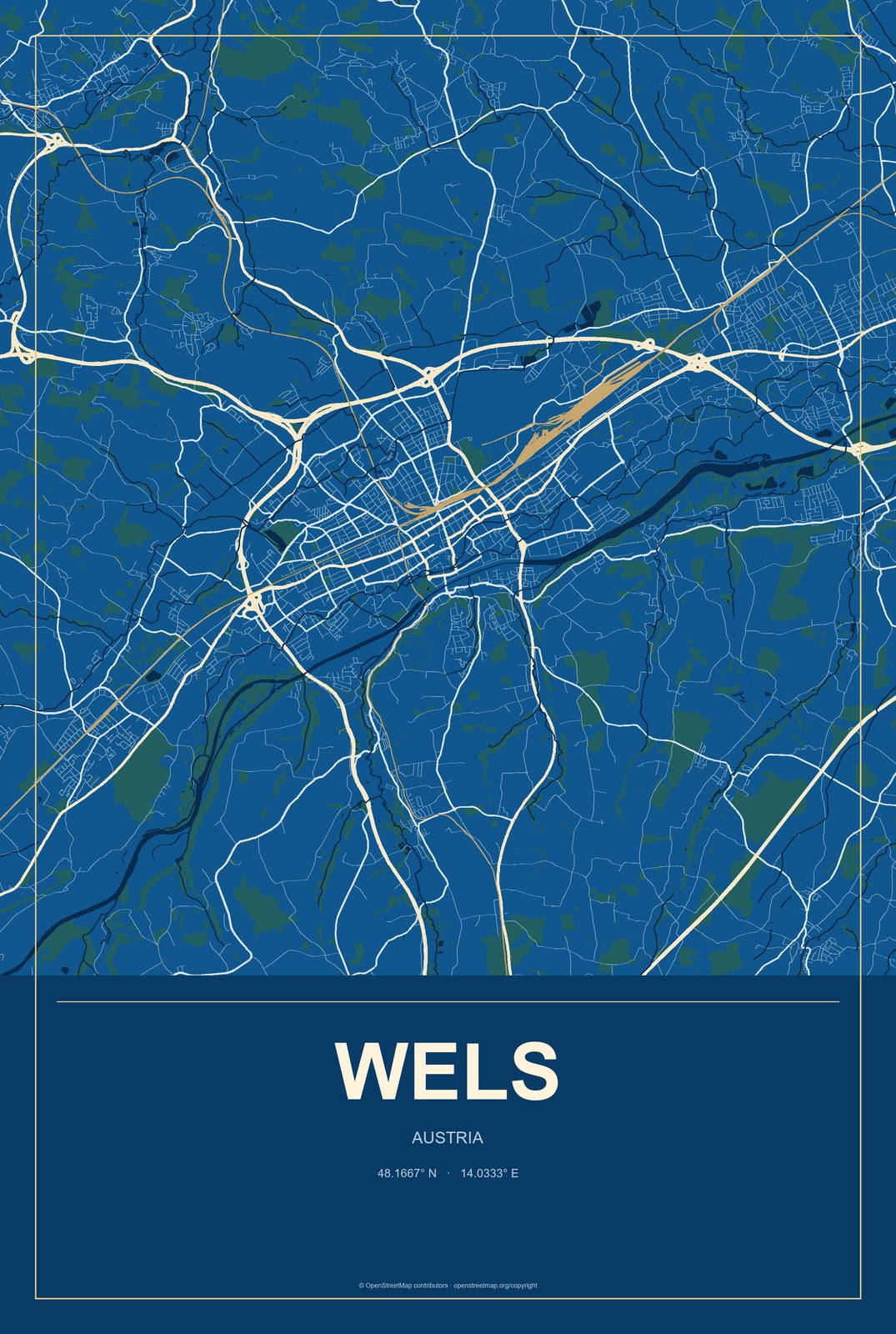 Wels, Austria City Map Aluminum Sign in Harbor Cobalt style