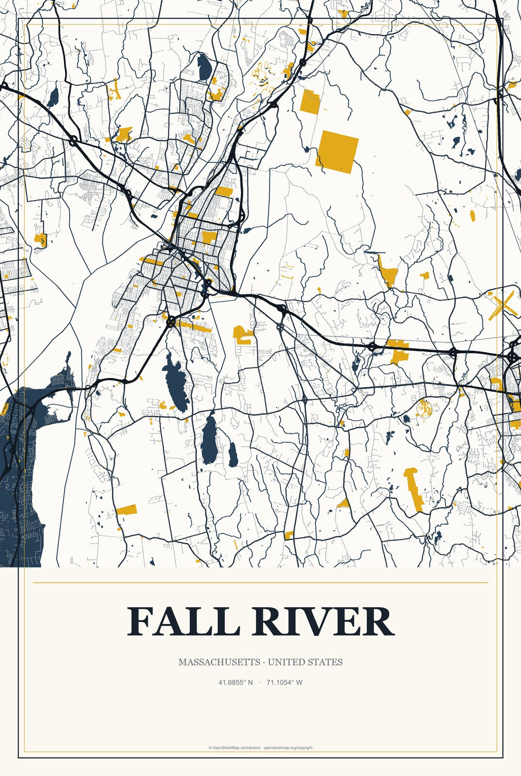 Fall River, Massachusetts City Map Aluminum Sign in Citrine Modern style