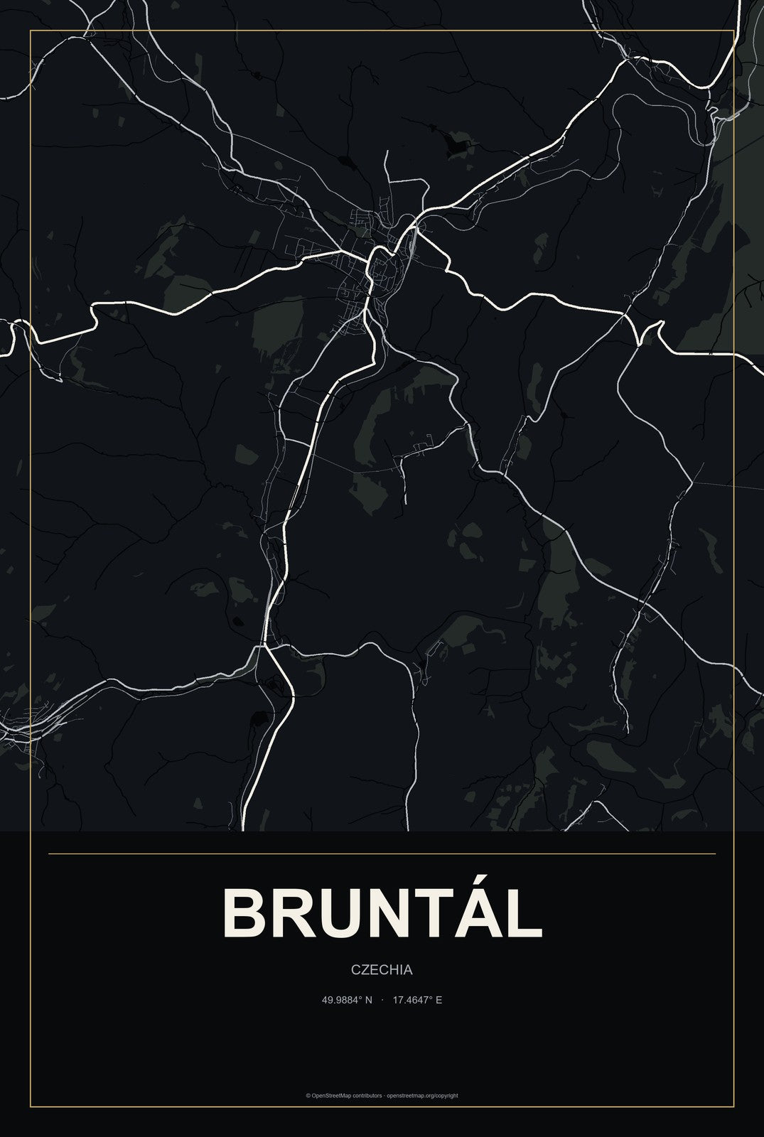 Bruntál, Czechia City Map Aluminum Sign in Metropolitan Noir style