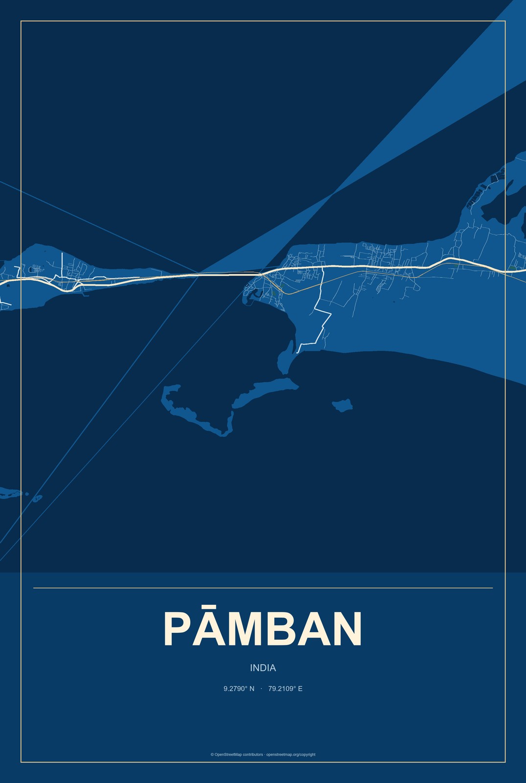 Pāmban, India City Map Aluminum Sign in Harbor Cobalt style